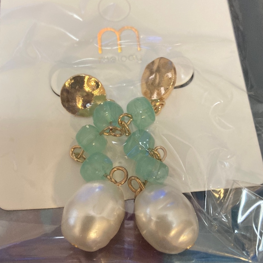 Gold and Aqua Beaded Pearl Earrings